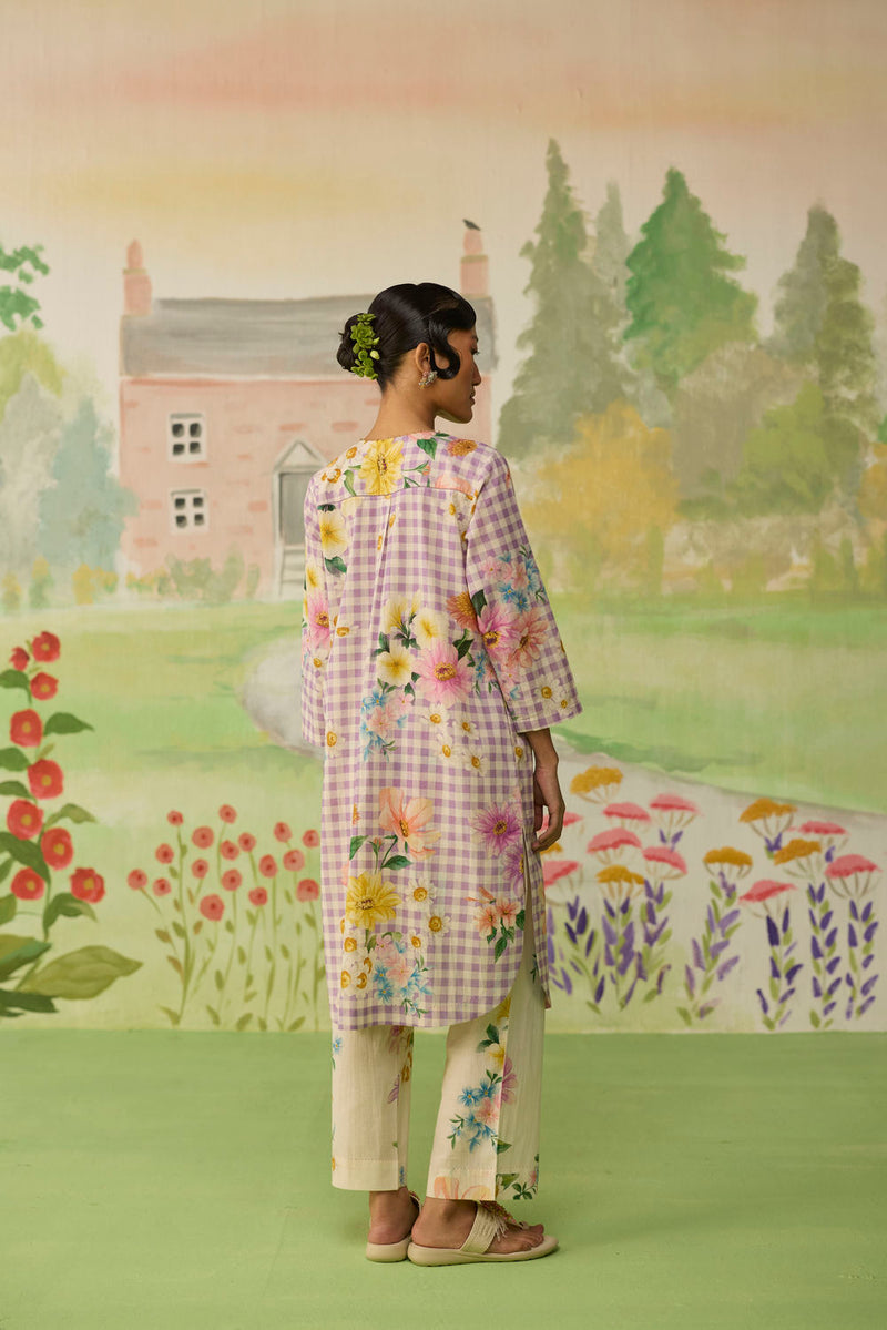 Lilac Daisy Mid Kurta Set cotton co-ord set by Nadiya Paar in lilac for women in Singapore