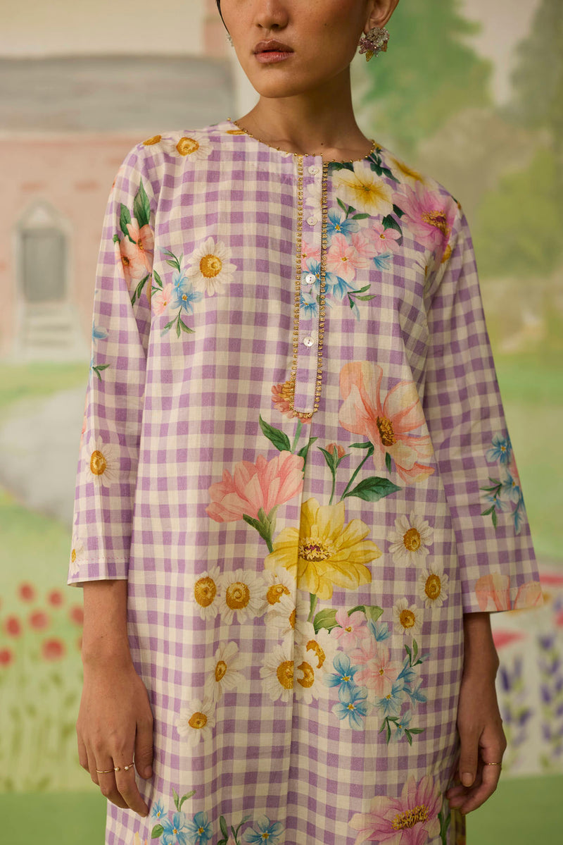 Lilac Daisy Mid Kurta Set cotton co-ord set by Nadiya Paar in lilac for women in Singapore