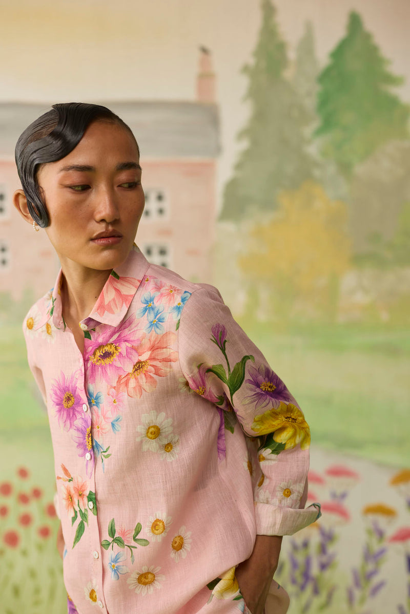 Nice Day Linen Shirt Pink linen top/shirt by Nadiya Paar in pink for women in Singapore