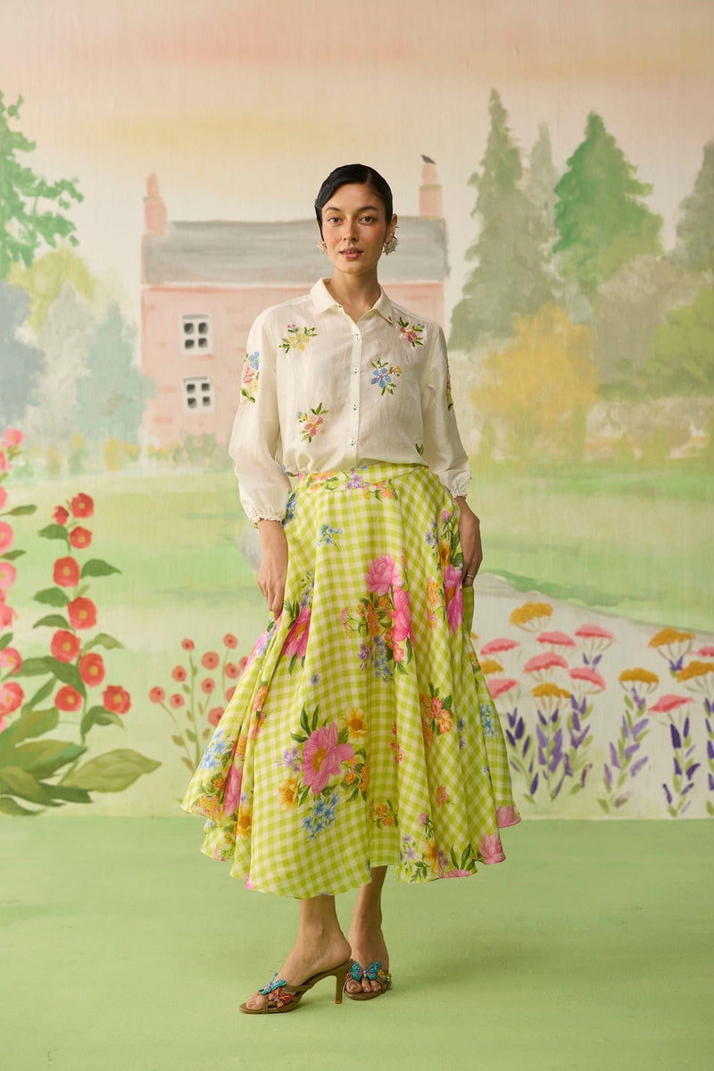 Like a Song Silk Shirt and Skirt Set silk co-ord set by Nadiya Paar in off white, green for women in Singapore