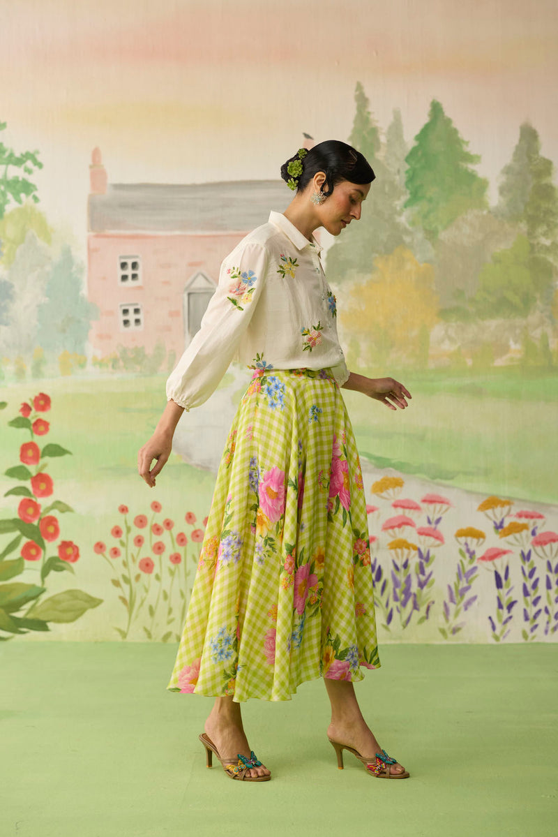 Like a Song Silk Shirt and Skirt Set silk co-ord set by Nadiya Paar in off white, green for women in Singapore