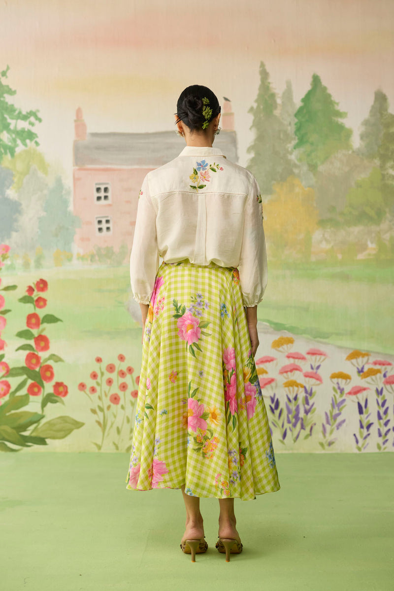 Like a Song Silk Shirt and Skirt Set silk co-ord set by Nadiya Paar in off white, green for women in Singapore