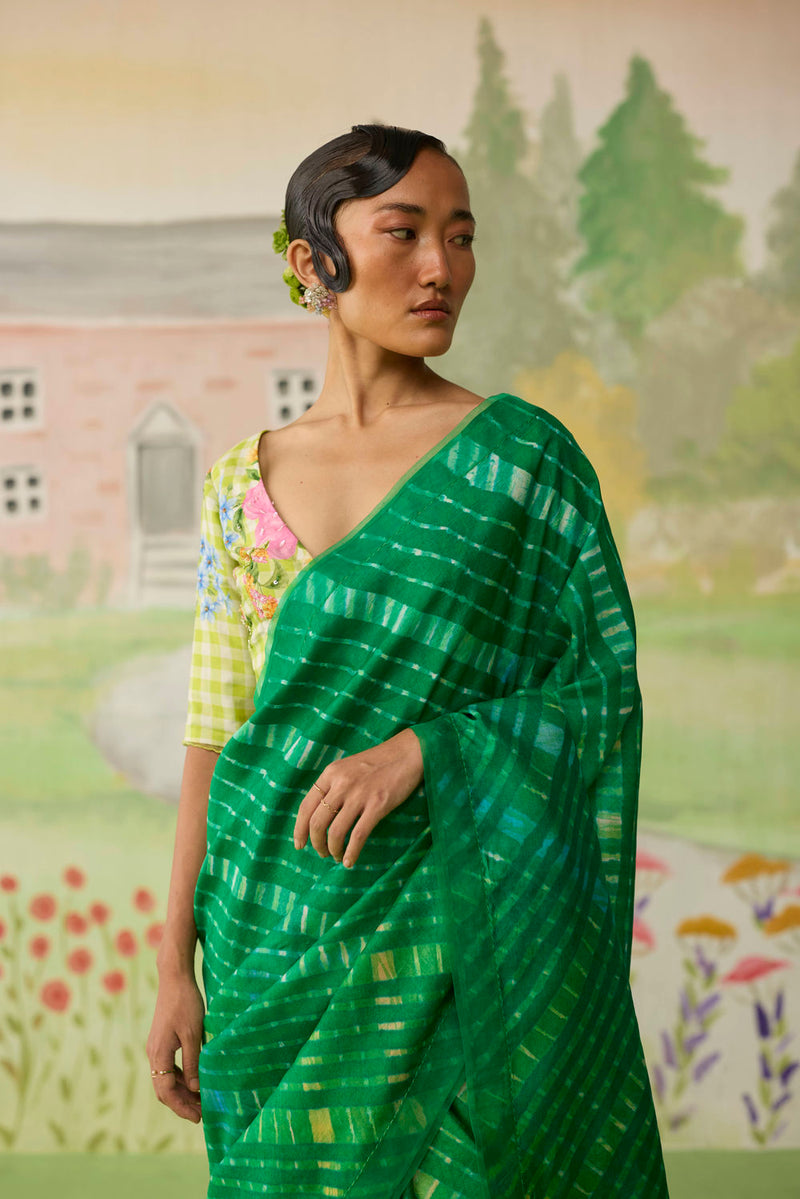 Fern Song Tussar Silk Lehriiya Mothra Sari silk saree by Nadiya Paar in green for women in Singapore