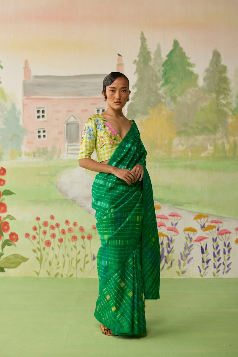 Fern Song Tussar Silk Lehriiya Mothra Sari silk saree by Nadiya Paar in green for women in Singapore
