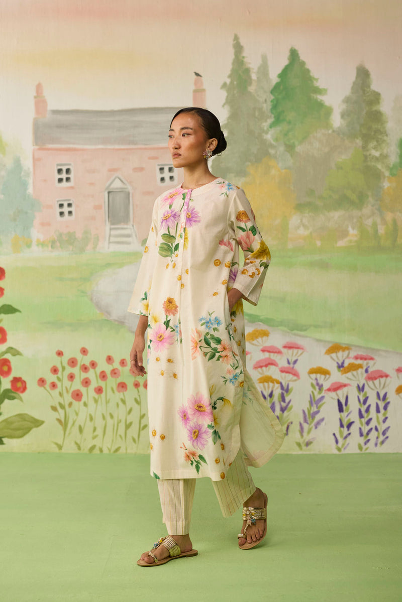 Off-white Daisy Long Kurta Set cotton co-ord set by Nadiya Paar in off white for women in Singapore