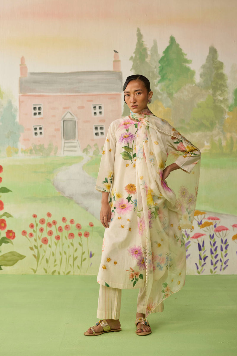 Off-white Daisy Long Kurta Set cotton co-ord set by Nadiya Paar in off white for women in Singapore