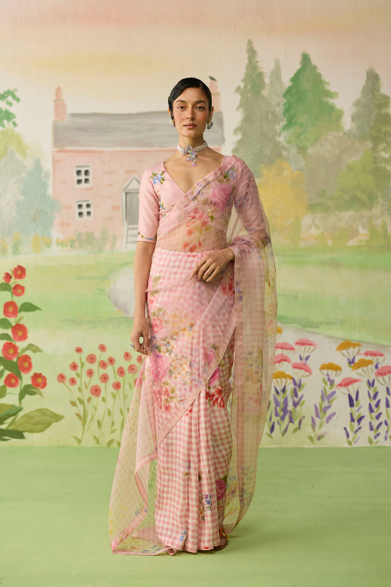 Wild Rose Mulberry Silk and Silk Organza Sari silk saree by Nadiya Paar in pink for women in Singapore