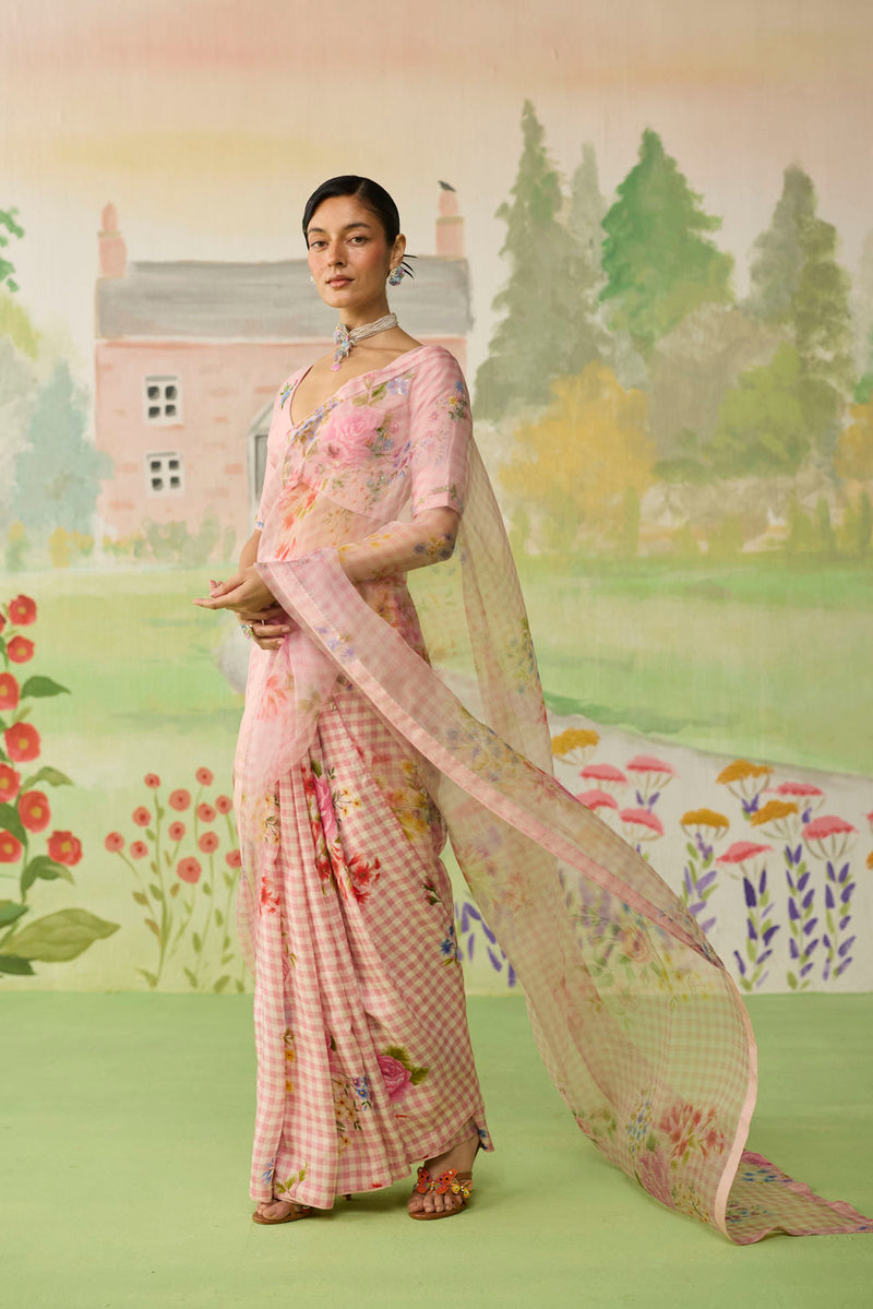 Wild Rose Mulberry Silk and Silk Organza Sari silk saree by Nadiya Paar in pink for women in Singapore