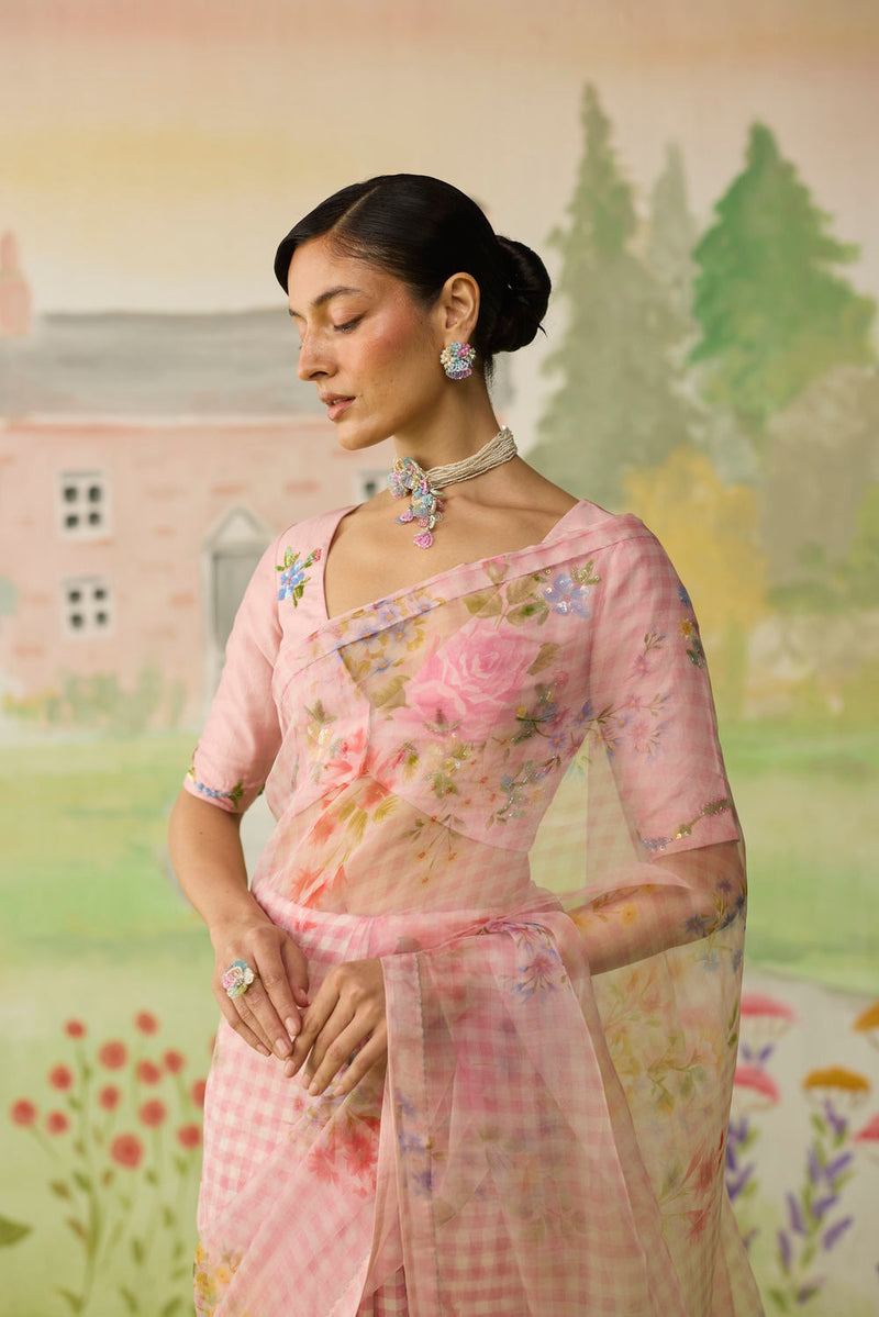 Wild Rose Mulberry Silk and Silk Organza Sari silk saree by Nadiya Paar in pink for women in Singapore