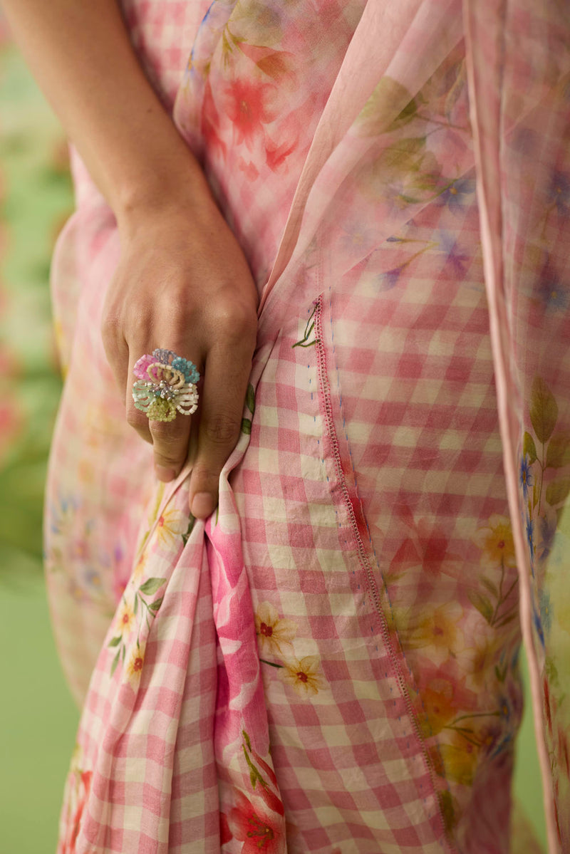Wild Rose Mulberry Silk and Silk Organza Sari silk saree by Nadiya Paar in pink for women in Singapore