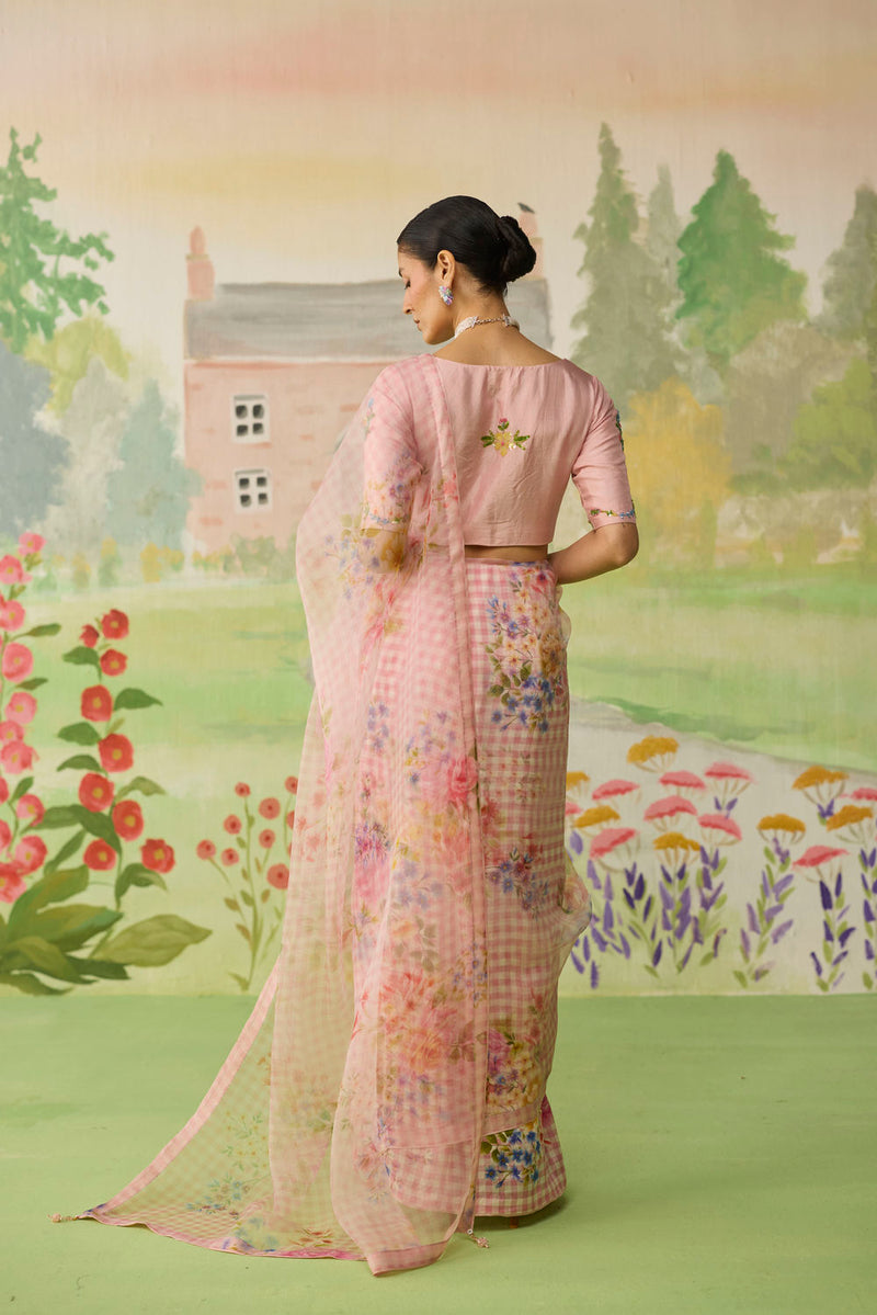 Wild Rose Mulberry Silk and Silk Organza Sari silk saree by Nadiya Paar in pink for women in Singapore