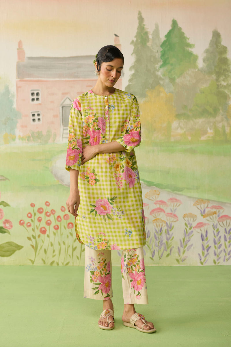 Lime Green Peony Mid Kurta Set cotton co-ord set by Nadiya Paar in green for women in Singapore