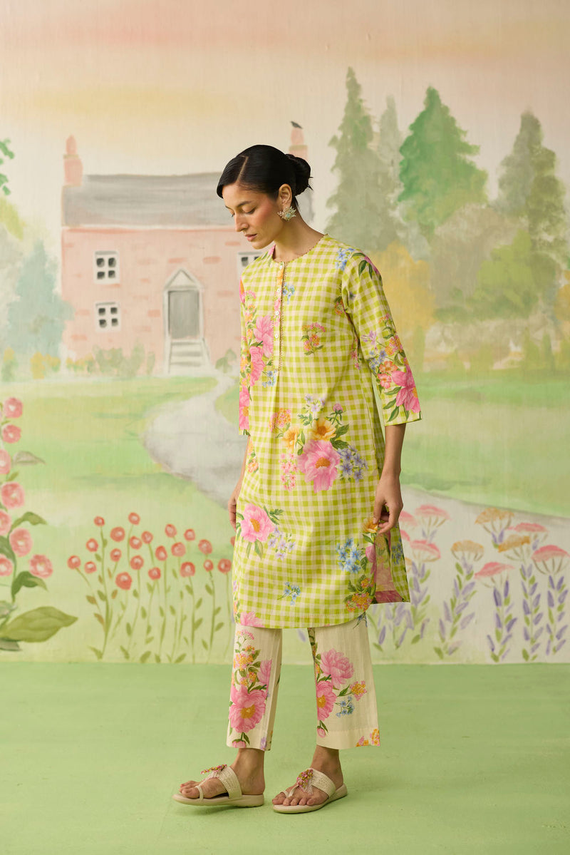 Lime Green Peony Mid Kurta Set cotton co-ord set by Nadiya Paar in green for women in Singapore