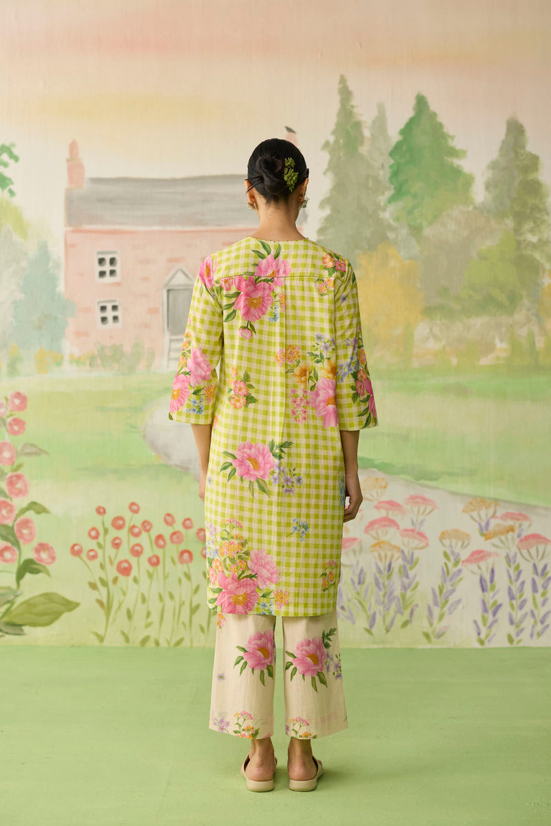 Lime Green Peony Mid Kurta Set cotton co-ord set by Nadiya Paar in green for women in Singapore