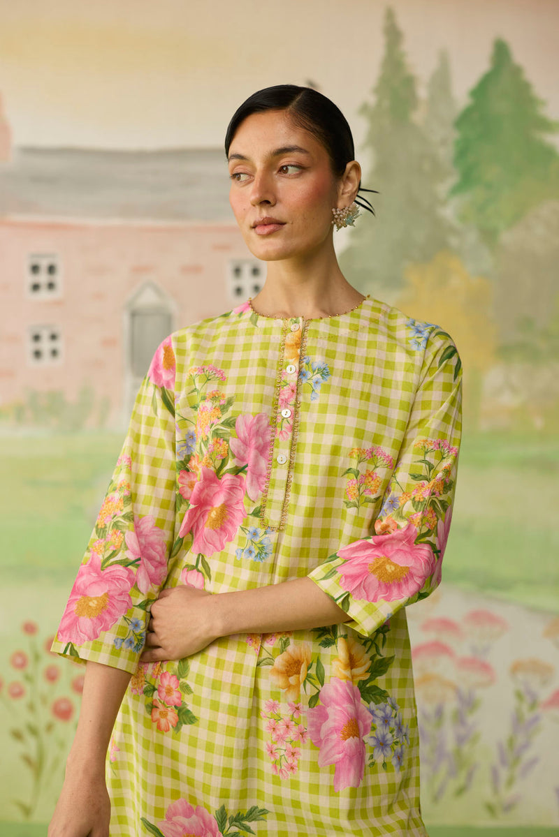 Lime Green Peony Mid Kurta Set cotton co-ord set by Nadiya Paar in green for women in Singapore