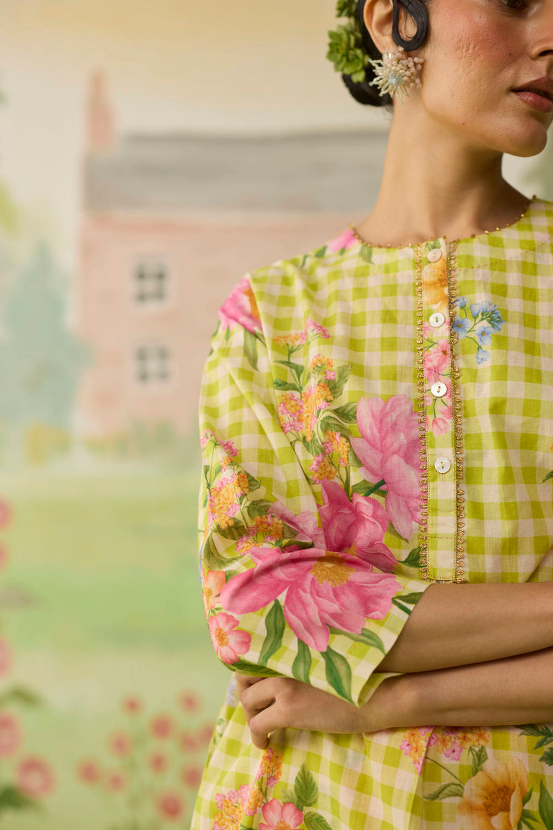 Lime Green Peony Mid Kurta Set cotton co-ord set by Nadiya Paar in green for women in Singapore