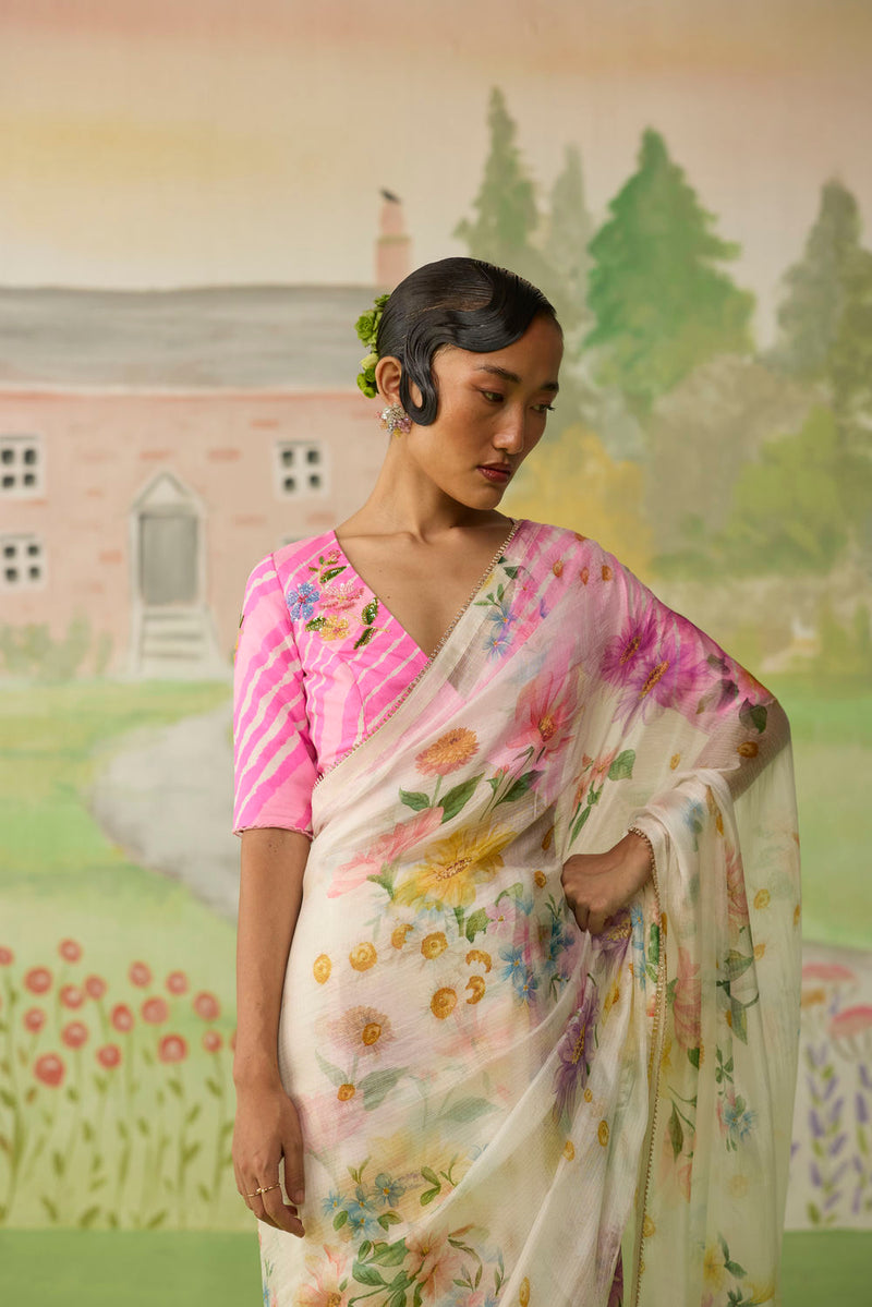 Chamomile Kota Doria Silk Sari silk saree by Nadiya Paar in off white for women in Singapore