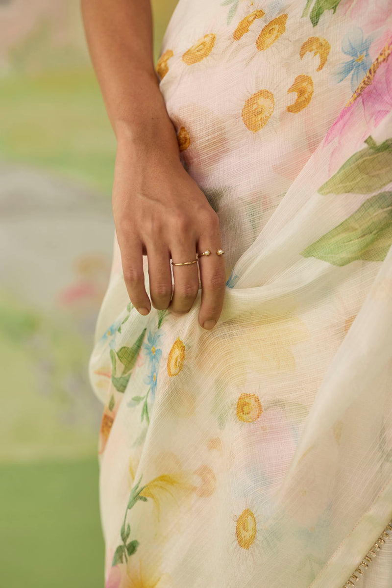 Chamomile Kota Doria Silk Sari silk saree by Nadiya Paar in off white for women in Singapore