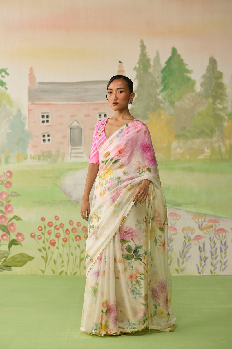 Chamomile Kota Doria Silk Sari silk saree by Nadiya Paar in off white for women in Singapore