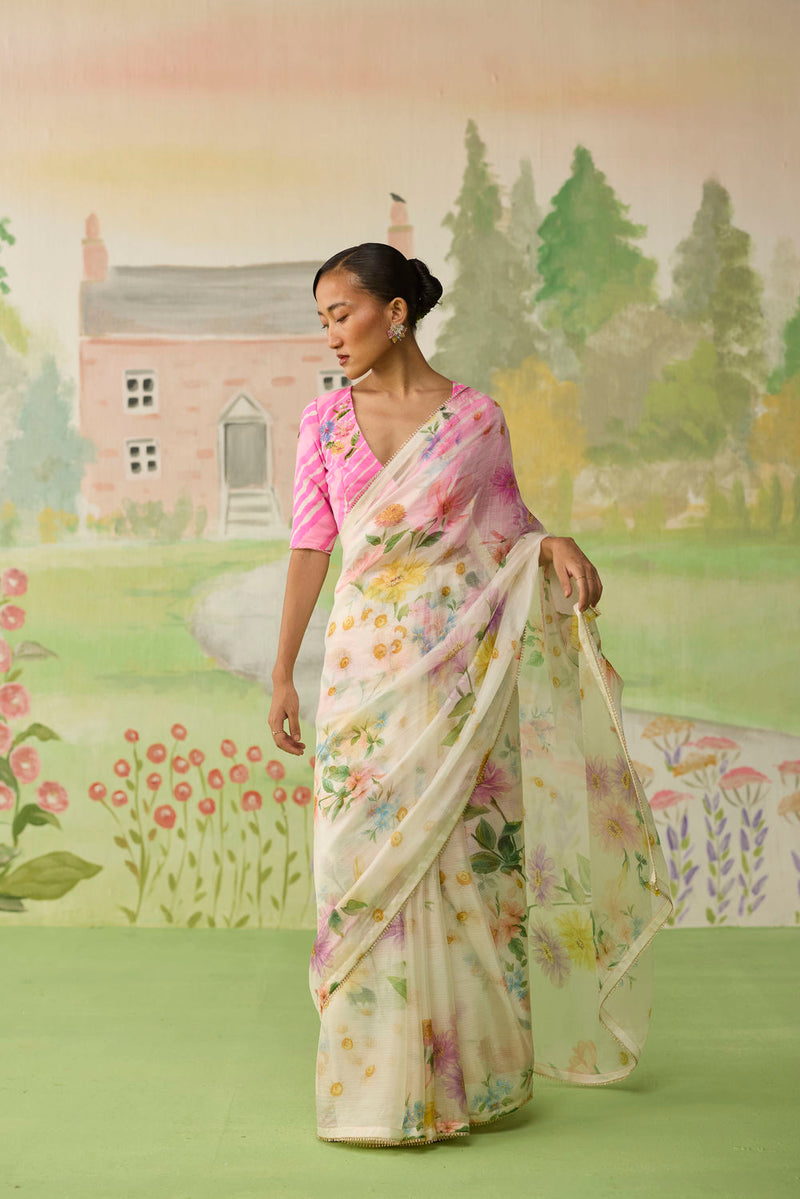Chamomile Kota Doria Silk Sari silk saree by Nadiya Paar in off white for women in Singapore