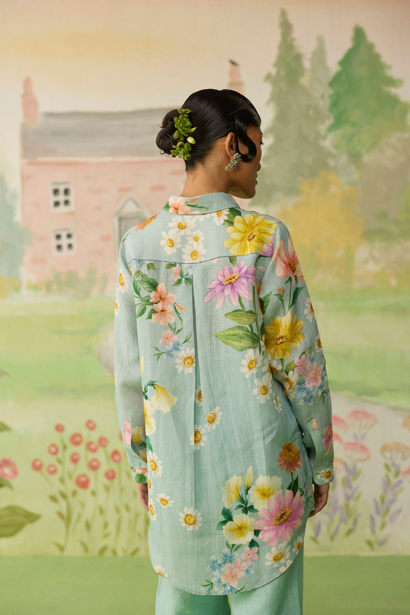 Nice Day Linen Shirt Aqua Blue linen top/shirt by Nadiya Paar in blue for women in Singapore