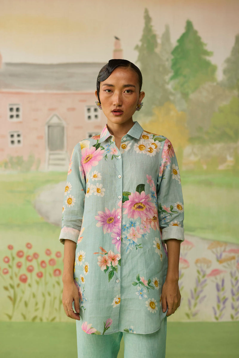 Nice Day Linen Shirt Aqua Blue linen top/shirt by Nadiya Paar in blue for women in Singapore