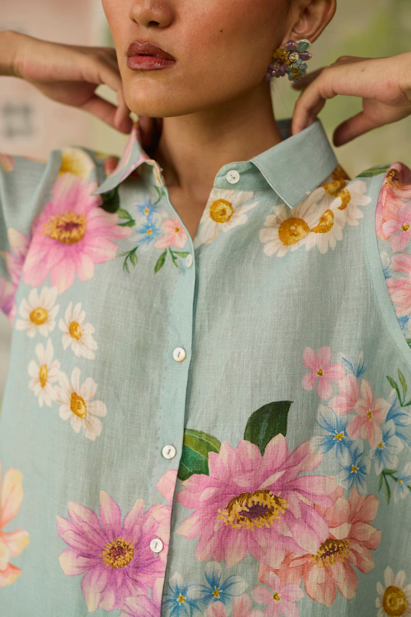 Nice Day Linen Co-ord Set Aqua Blue linen co-ord set by Nadiya Paar in blue for women in Singapore