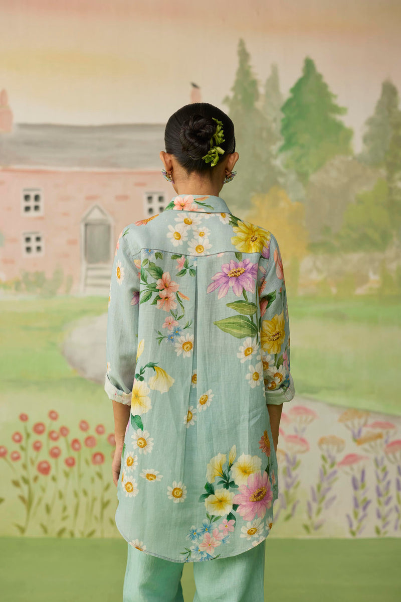 Nice Day Linen Shirt Aqua Blue linen top/shirt by Nadiya Paar in blue for women in Singapore