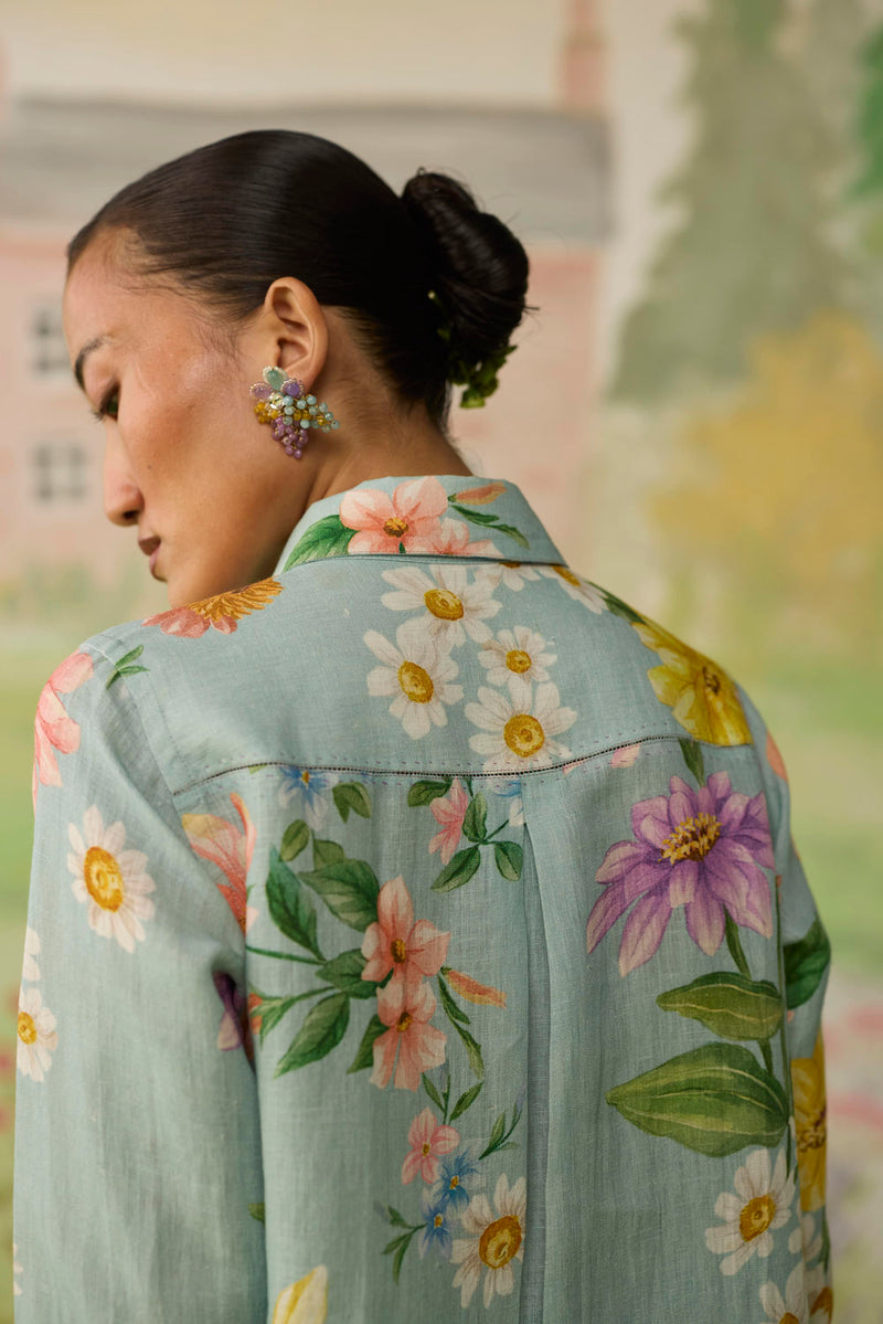 Nice Day Linen Shirt Aqua Blue linen top/shirt by Nadiya Paar in blue for women in Singapore