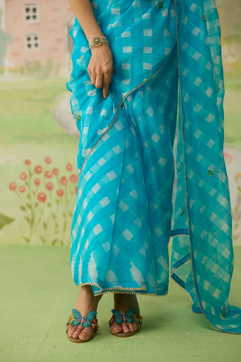 Trellis Blue Kota Doria Silk Lehriya Mothra Sari silk saree by Nadiya Paar in blue for women in Singapore