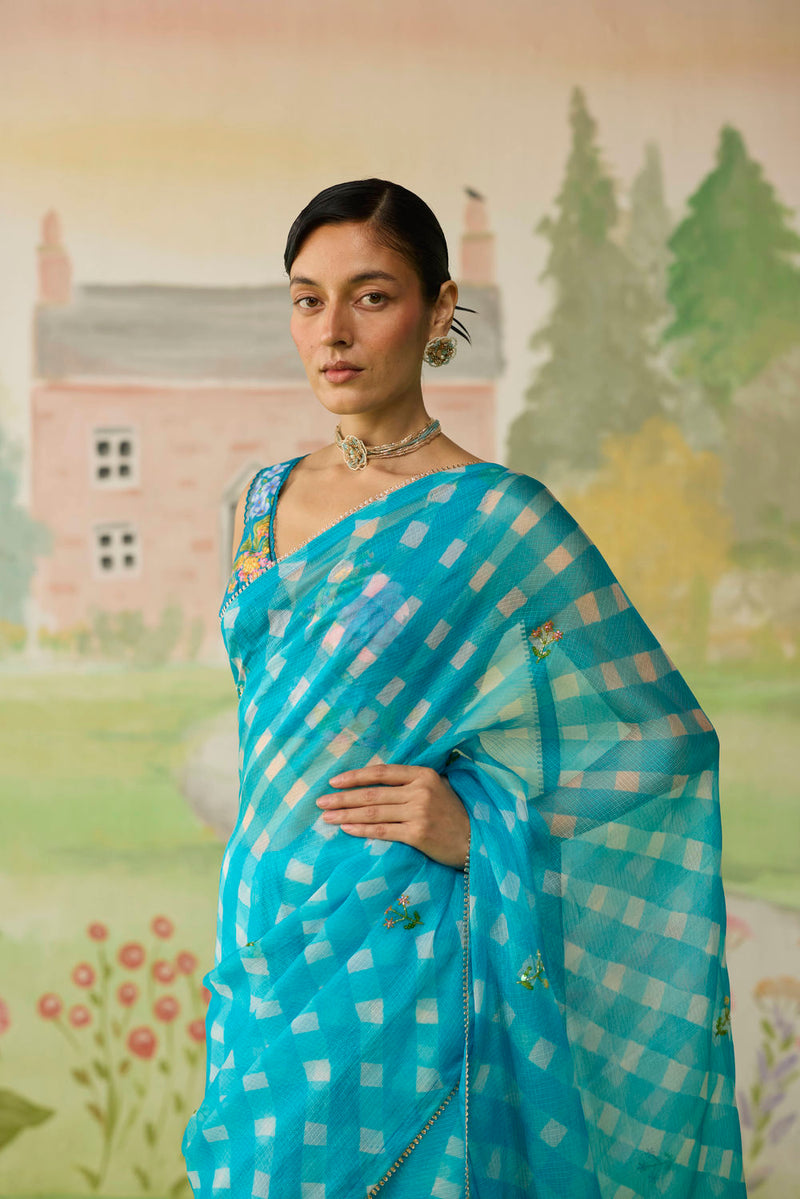 Trellis Blue Kota Doria Silk Lehriya Mothra Sari silk saree by Nadiya Paar in blue for women in Singapore