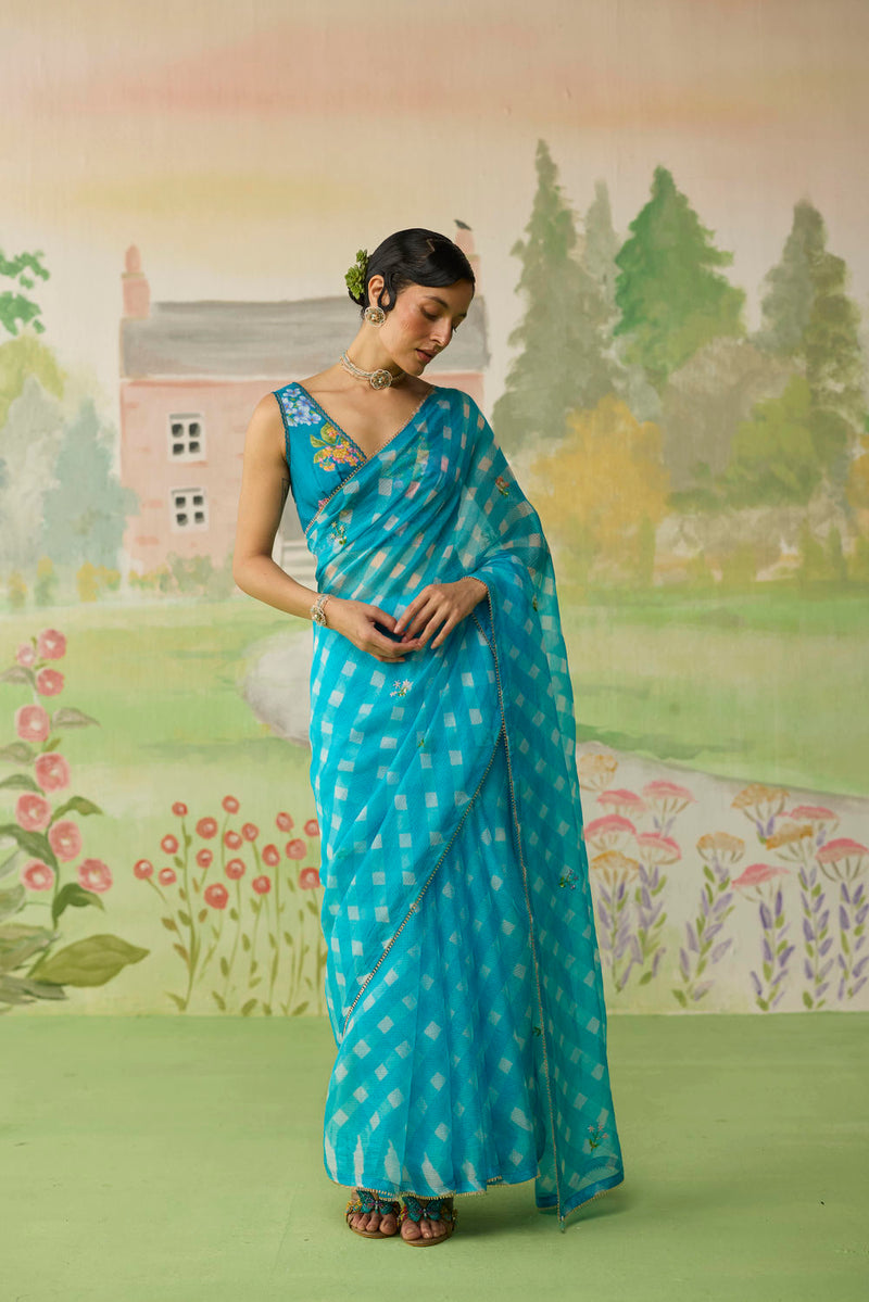 Trellis Blue Kota Doria Silk Lehriya Mothra Sari silk saree by Nadiya Paar in blue for women in Singapore