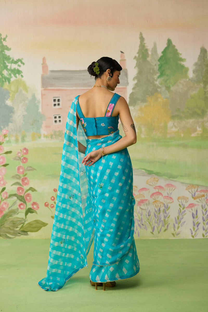 Trellis Blue Kota Doria Silk Lehriya Mothra Sari silk saree by Nadiya Paar in blue for women in Singapore
