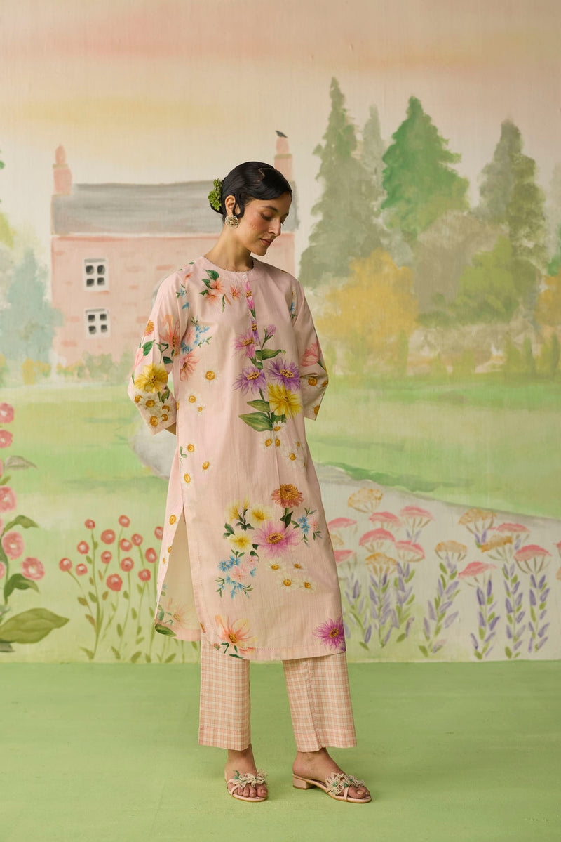 Pink Daisy Long Kurta Set cotton co-ord set by Nadiya Paar in pink for women in Singapore