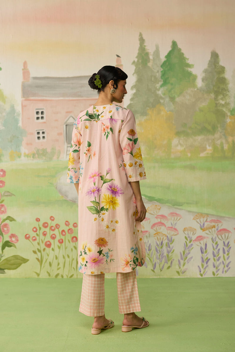Pink Daisy Long Kurta Set cotton co-ord set by Nadiya Paar in pink for women in Singapore