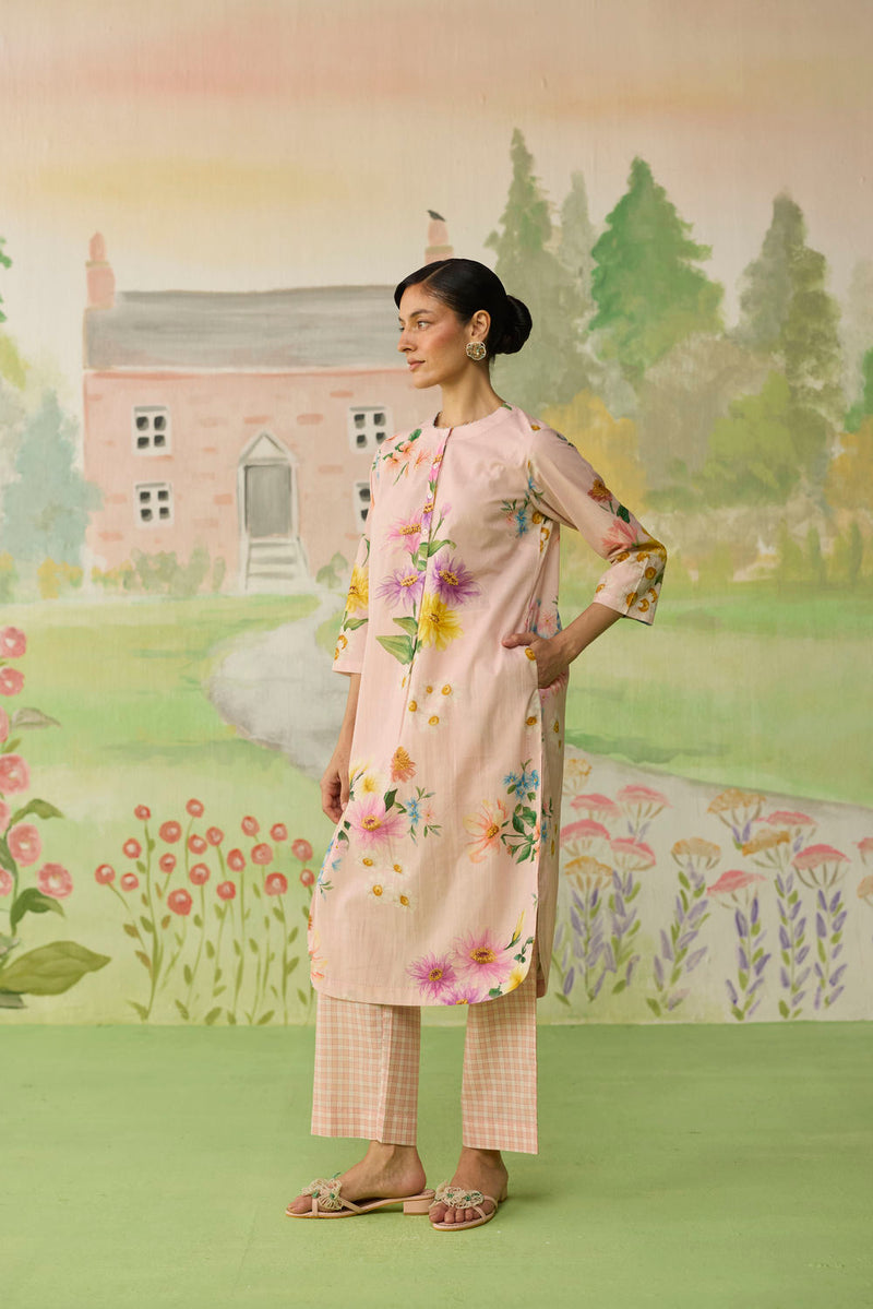 Pink Daisy Long Kurta Set cotton co-ord set by Nadiya Paar in pink for women in Singapore