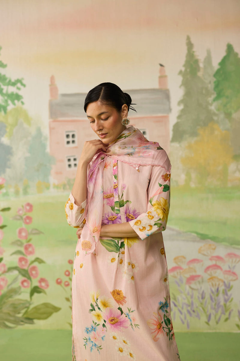 Pink Daisy Long Kurta Set cotton co-ord set by Nadiya Paar in pink for women in Singapore