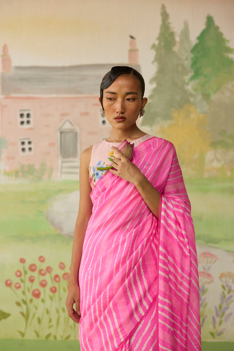Blush Habutai Silk Lehriya Mothra Sari silk saree by Nadiya Paar in pink for women in Singapore