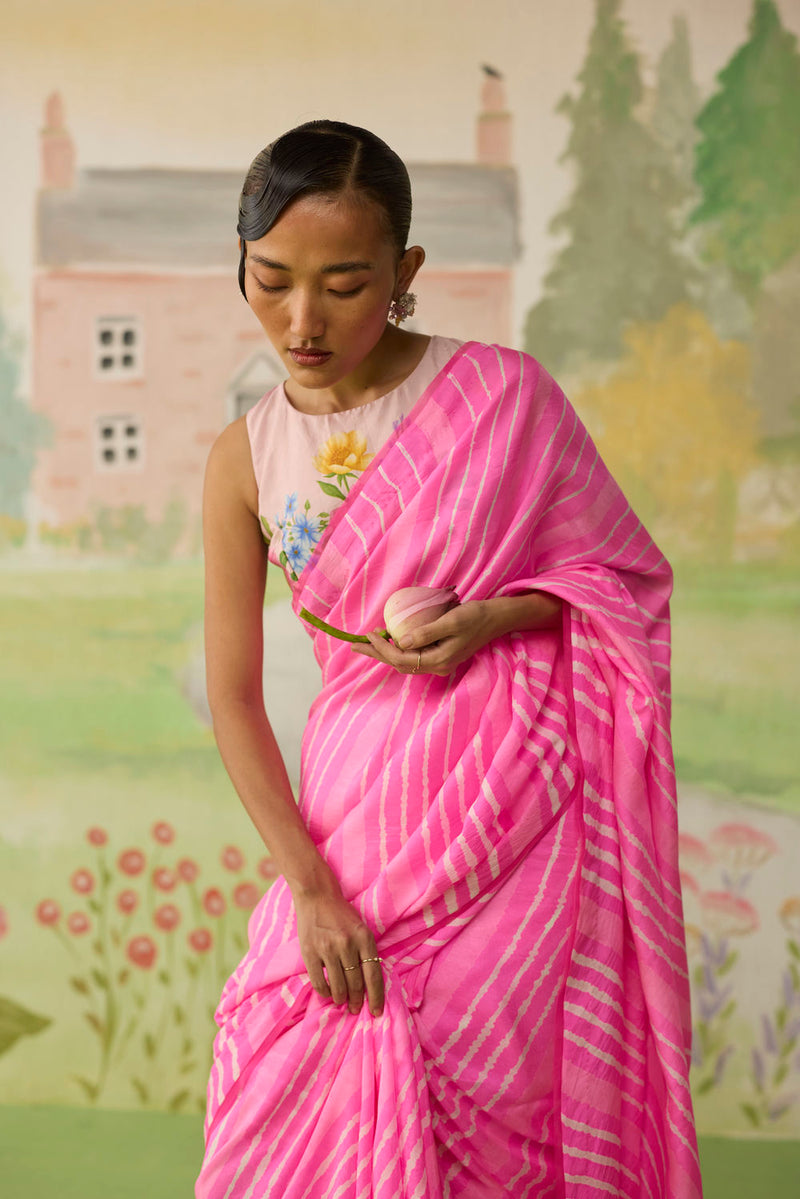 Blush Habutai Silk Lehriya Mothra Sari silk saree by Nadiya Paar in pink for women in Singapore