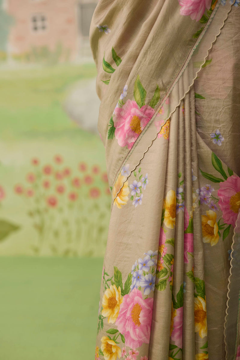 Peony Mulberry Silk Sari silk saree by Nadiya Paar in brown for women in Singapore