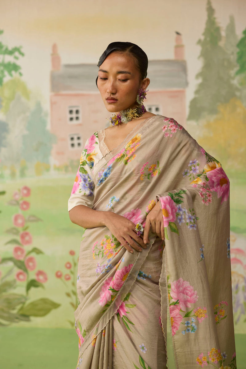 Peony Mulberry Silk Sari silk saree by Nadiya Paar in brown for women in Singapore