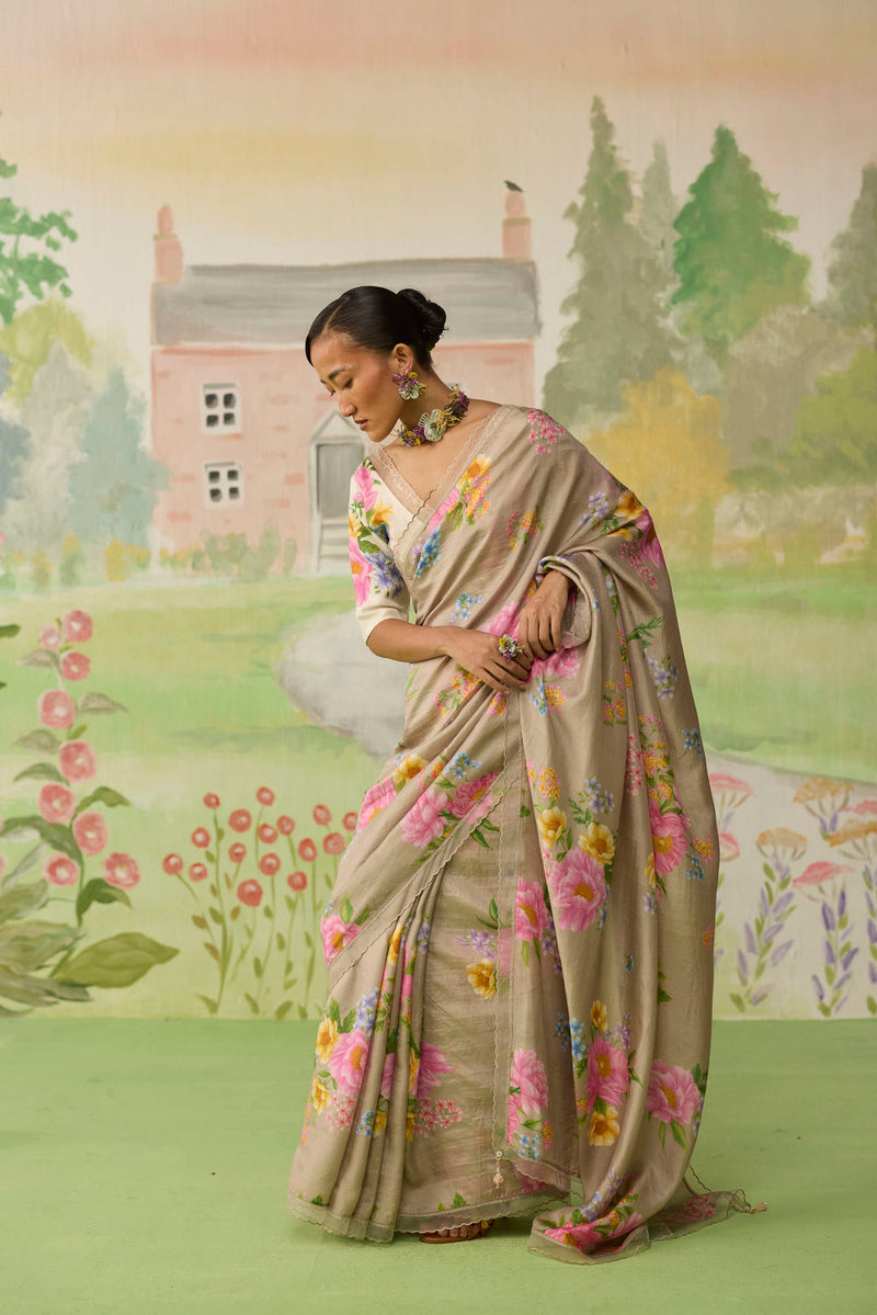 Peony Mulberry Silk Sari silk saree by Nadiya Paar in brown for women in Singapore