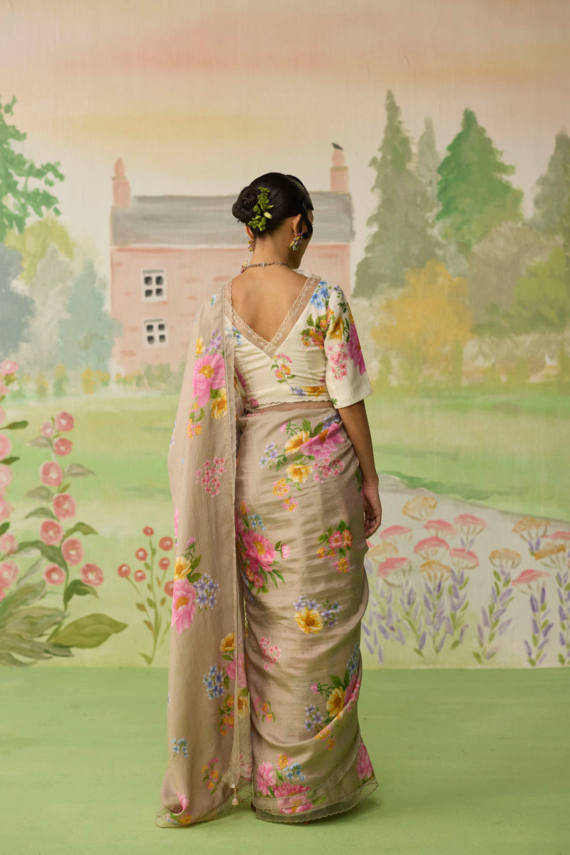 Peony Mulberry Silk Sari silk saree by Nadiya Paar in brown for women in Singapore