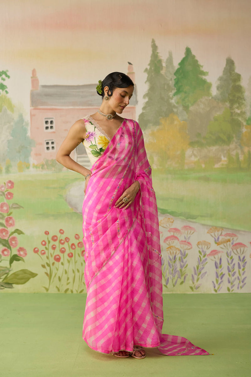 Trellis Pink Kota Doria Silk Lehriya Mothra Sari silk saree by Nadiya Paar in pink for women in Singapore