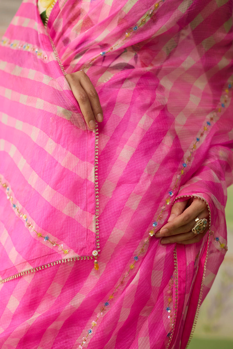 Trellis Pink Kota Doria Silk Lehriya Mothra Sari silk saree by Nadiya Paar in pink for women in Singapore