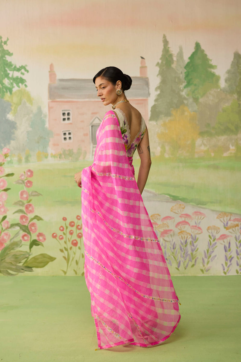 Trellis Pink Kota Doria Silk Lehriya Mothra Sari silk saree by Nadiya Paar in pink for women in Singapore
