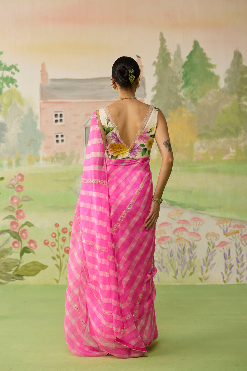 Trellis Pink Kota Doria Silk Lehriya Mothra Sari silk saree by Nadiya Paar in pink for women in Singapore