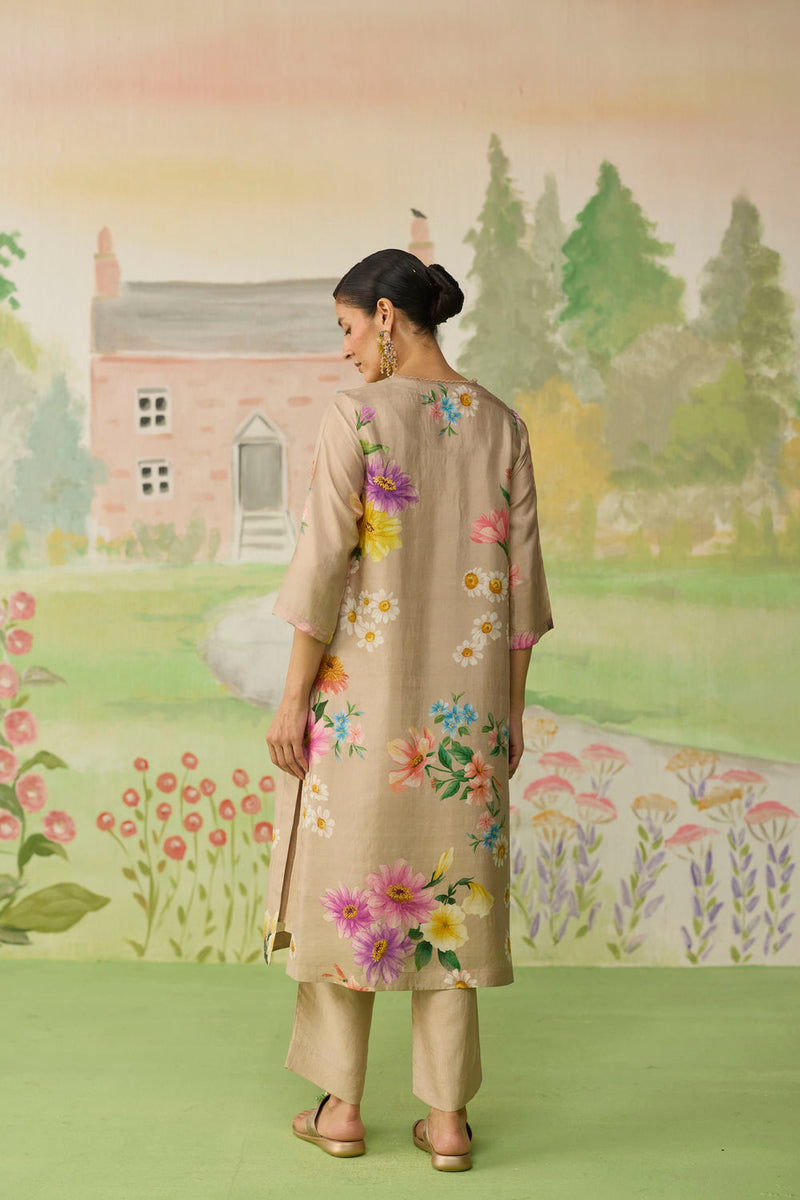 Sand Brown Daisy Long Kurta Set Muberry Silk silk co-ord set by Nadiya Paar in brown for women in Singapore