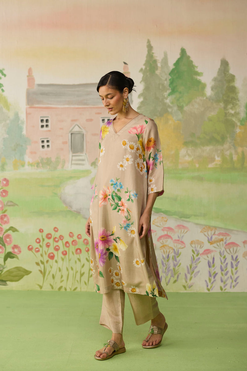 Sand Brown Daisy Long Kurta Set Muberry Silk silk co-ord set by Nadiya Paar in brown for women in Singapore