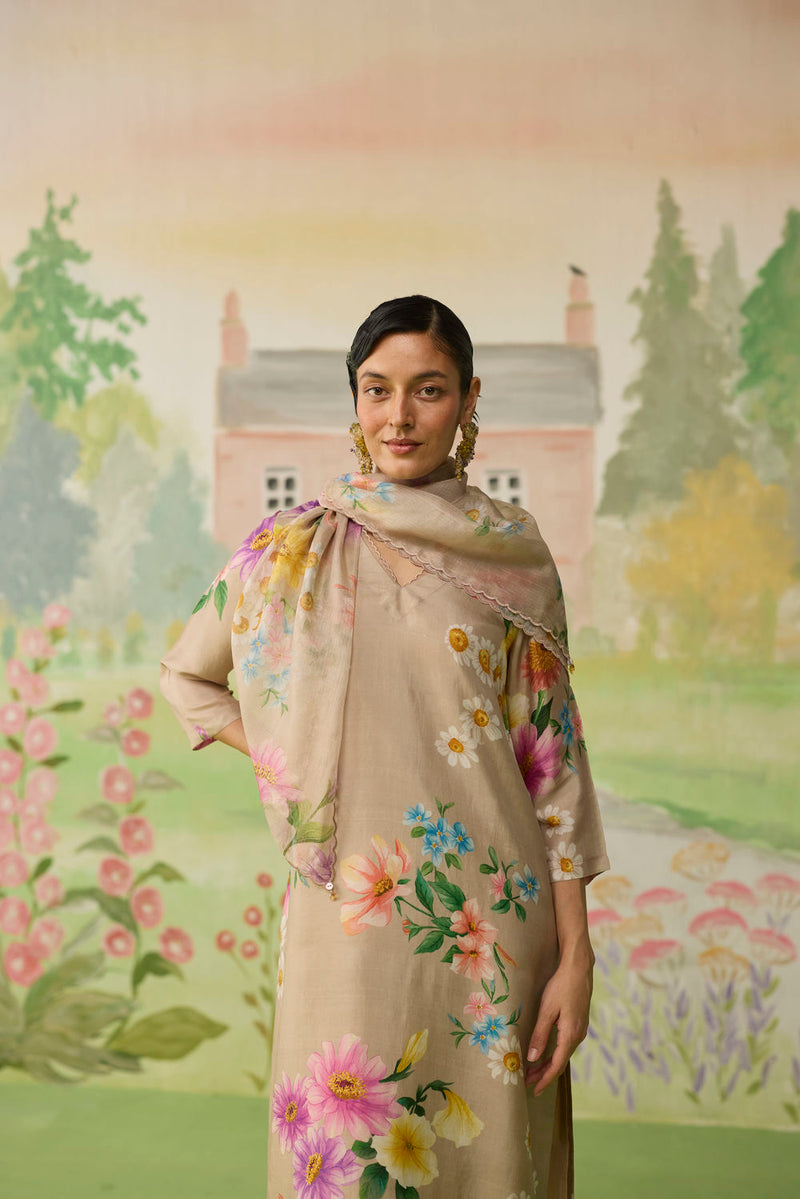 Sand Brown Daisy Long Kurta Set Muberry Silk silk co-ord set by Nadiya Paar in brown for women in Singapore